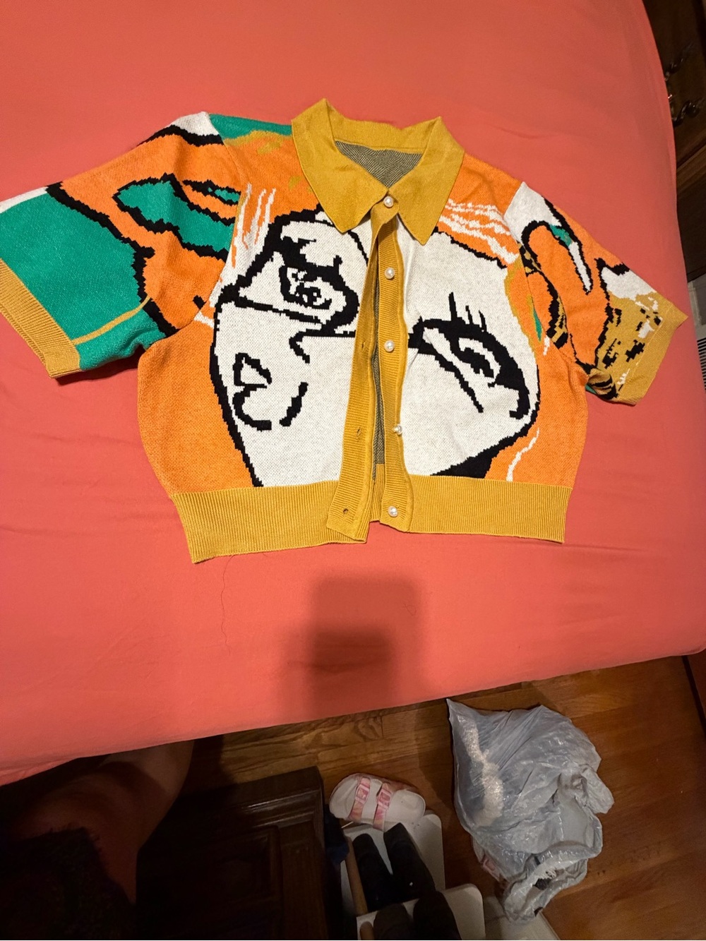 SHEIN Pop Art Cropped Knit Cardigan - Orange/Green/White/Black